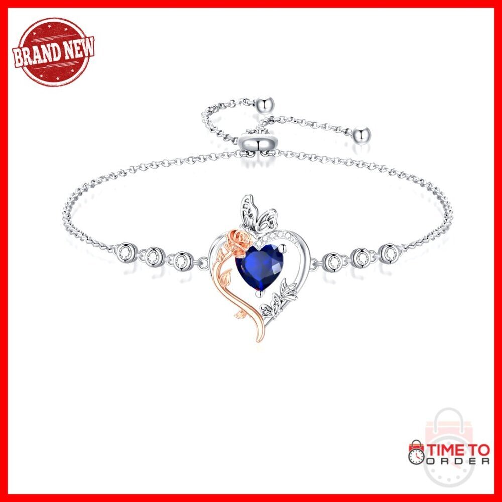 925 Sterling Silver Sapphire Heart Butterfly Bracelet Adjustable 9 Inch
